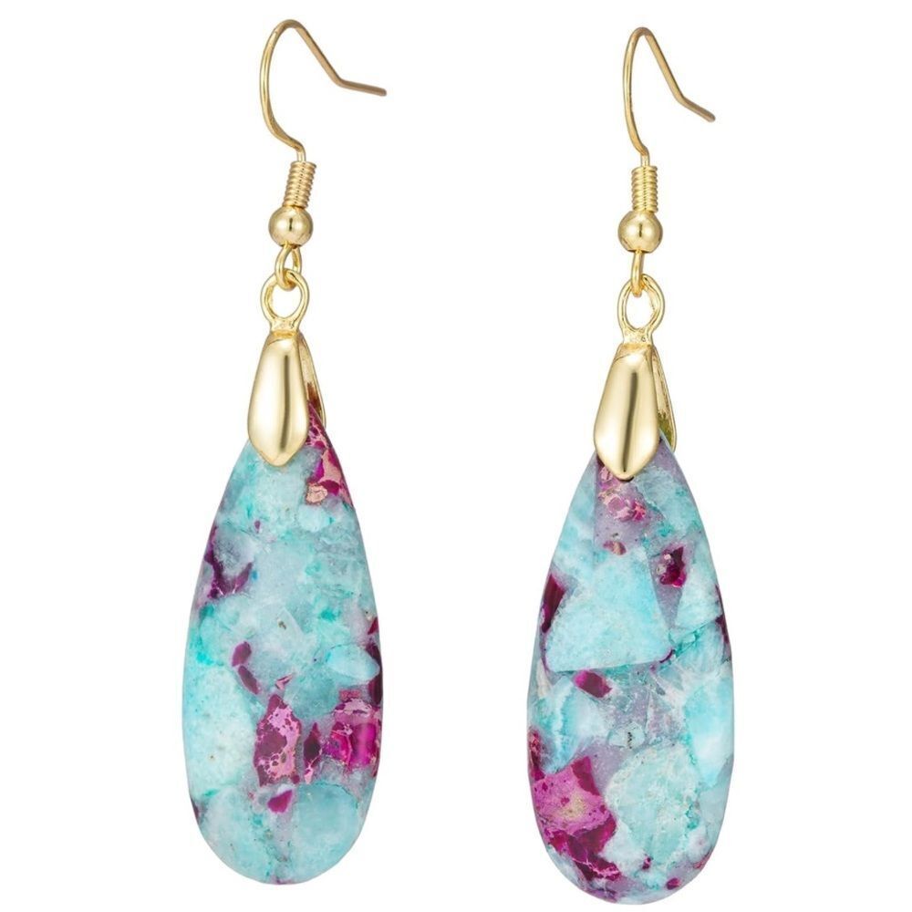 18K Yellow Gold with Natural Imperial Blue Purple Jasper Stone Hook Earrings